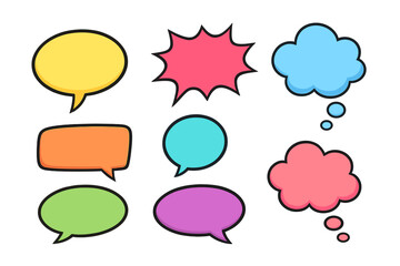 Colorful comic speech bubble set for communication and dialogue. Vector cartoon thought bubbles for ideas and thinking. Pop art chat message graphic elements for design projects.