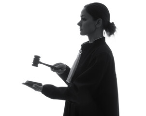 Silhouette of female judge with gavel on white background