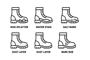 Weathered boot icons. Outline icon set of boot effects like mud splatter, water stain, salt mark, dust, and bark rub. Vector illustration for shoe damage and wear concepts.
