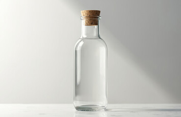 Clear glass water bottle with cork lid, minimalist design. Reusable container for healthy hydration. Eco-friendly beverage storage solution. Perfect for branding and product shots.