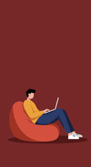 Relaxed person on a bean bag using a laptop, symbolizing comfort, remote work, online education, or leisure.