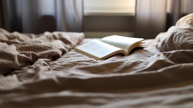 Open book resting on rumpled bed with sunlight streaming through window in cozy bedroom