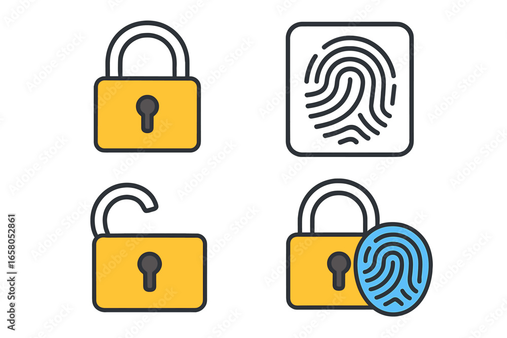 Aufkleber set of digital security icons with padlock and fingerprint. biometric authentication and data protec