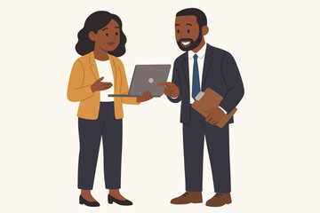 Black business people working on laptop. Man and woman colleagues discussion. African American professionals teamwork, collaboration concept. Corporate characters flat vector.