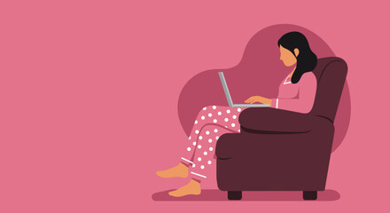 Woman in pajamas comfortably working on a laptop in an armchair at home, depicting remote work, cozy leisure, or online learning. Ideal for lifestyle and business concepts.