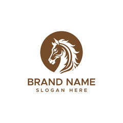 Brown horse head logo with flowing mane inside a circle on white background