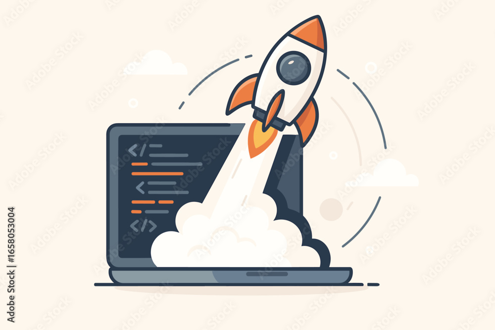 Aufkleber fast development concept. rocket ship launching from laptop with code. startup project boost. websit