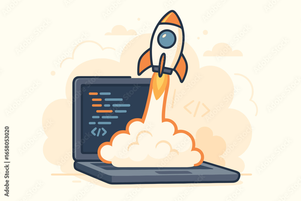 Aufkleber startup launch concept with rocket flying from laptop. fast development, code, programming symbol. m