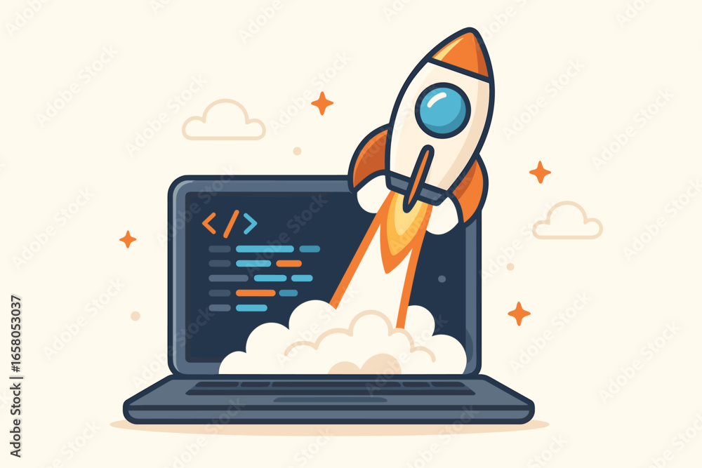 Poster fast development concept. rocket launching from laptop with code. startup project, business boost, w