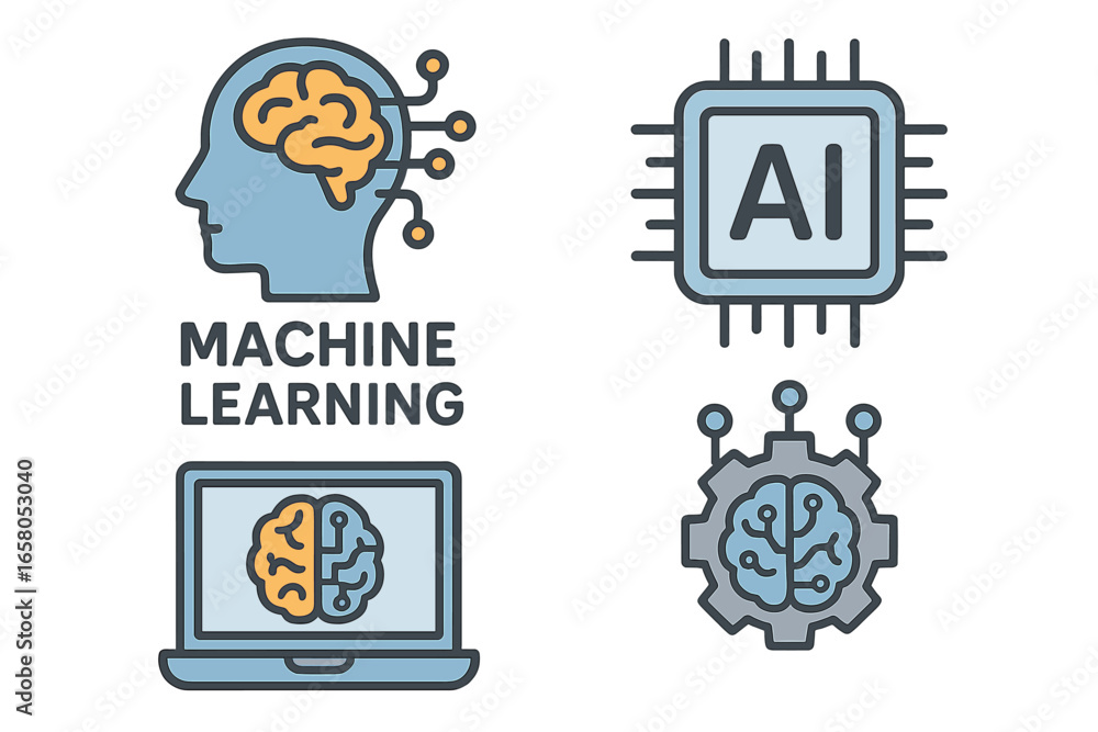 Poster machine learning and artificial intelligence icon set. ai technology, neural network, deep learning 