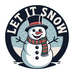 Let it snow round badge with smiling snowman and snowflakes, festive winter message, minimal holiday logo, clean vector illustration