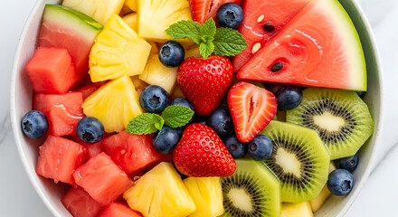 Close-up of a bowl filled with fresh, colorful fruit salad