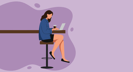 Young woman focused on remote work with her laptop at a bar table, enjoying a coffee. Ideal for business, freelance, and modern lifestyle concepts.