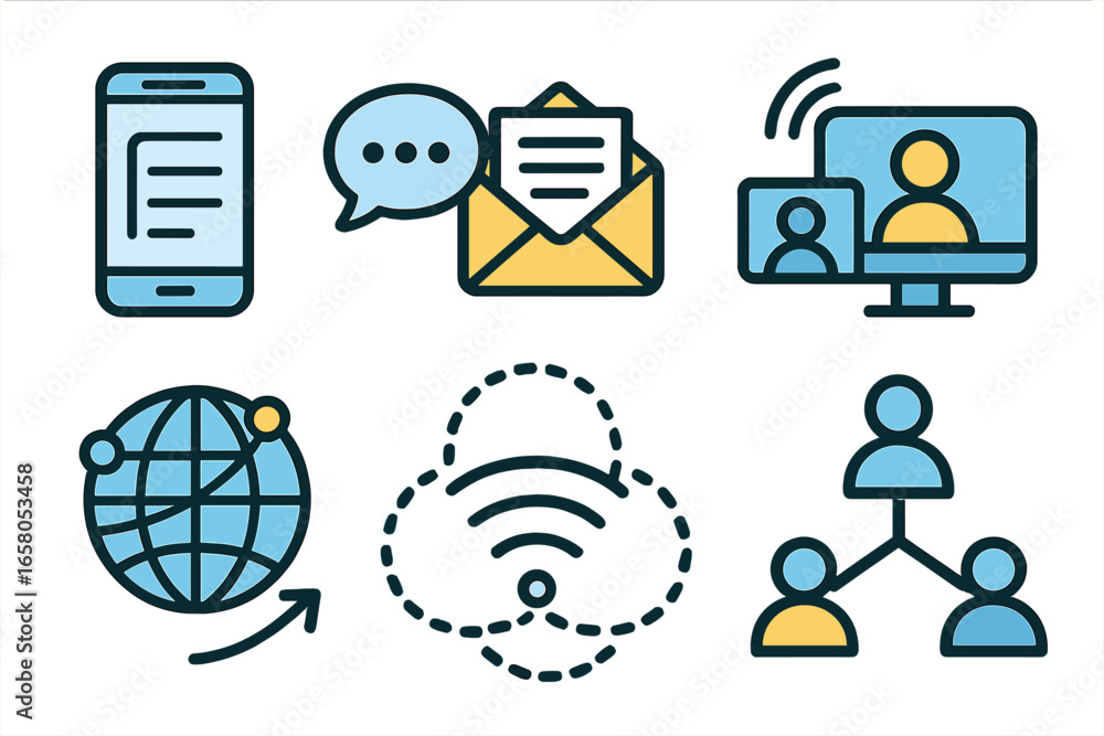 Poster digital communication icon set for technology and business. vector symbols for collaboration, mobile