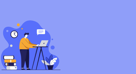 Man working on laptop at a standing desk. Represents productivity, remote work, online learning, and time management. Perfect for business and education.