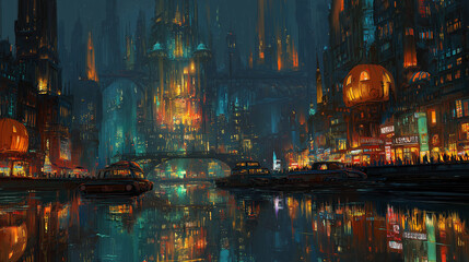 Naklejka premium A sprawling futuristic metropolis at night, skyscrapers shaped like glowing jack-o’-lanterns, neon lights reflecting on wet streets, flying cars with ghostly holograms