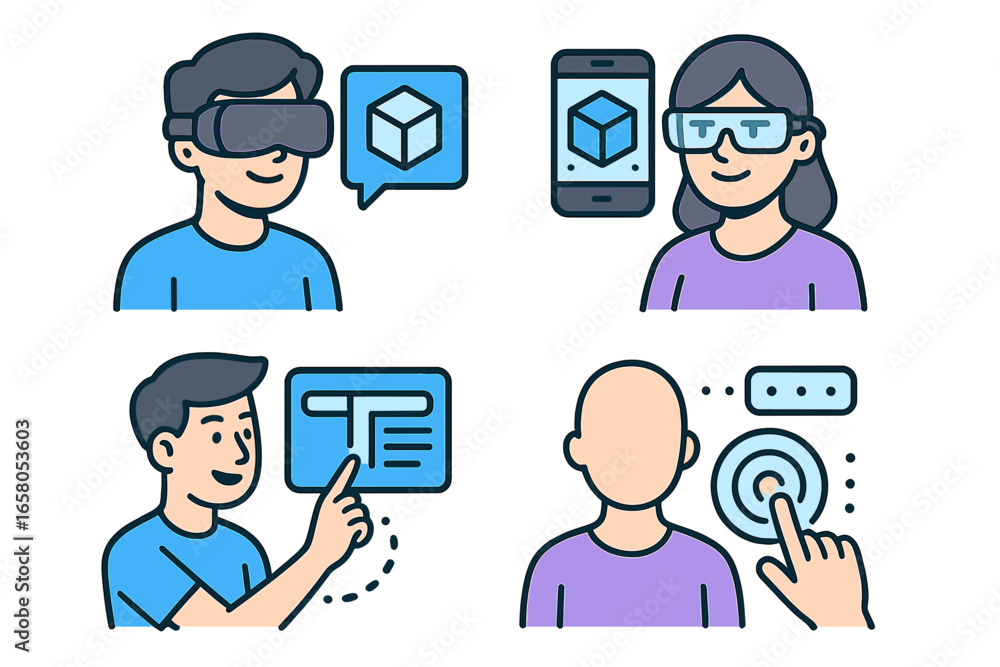 Poster set of icons with people using vr headsets and ar glasses. user interaction with digital interfaces.