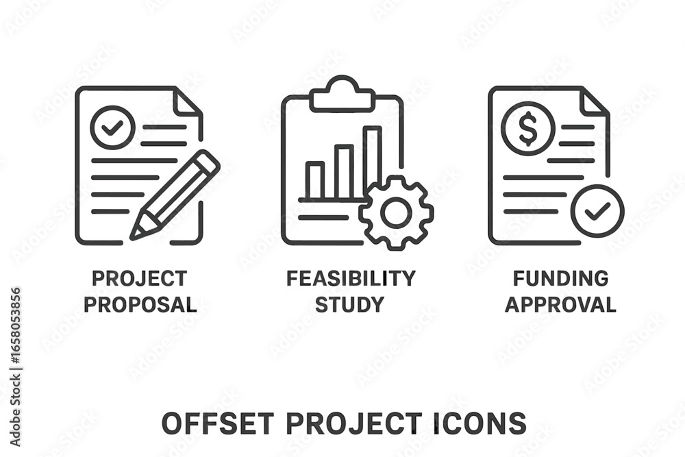 Poster project management icons for offset project lifecycle stages. includes project proposal, feasibility