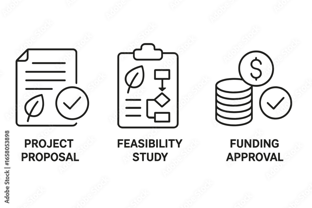 Aufkleber green project development icon set. carbon offset lifecycle stages from proposal, feasibility study 