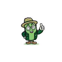 Cartoon green bean character wearing a hat and jacket giving a thumbs up and winking one eye is visible