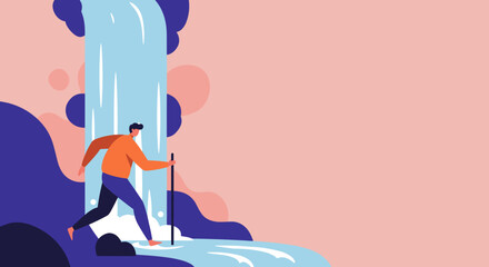 Man exploring nature, walking through a waterfall with a stick. Represents adventure, overcoming challenges, and a journey of discovery. Ideal for travel or lifestyle themes.