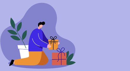 Person kneeling with colorful gift boxes, symbolizing thoughtful presents, special occasions, online shopping, or holiday celebrations.