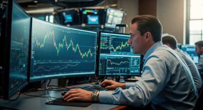 Businessman in trading room, multiple monitors