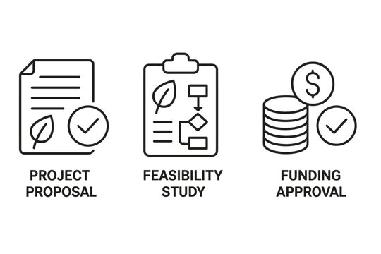 Green project development icon set. Carbon offset lifecycle stages from proposal, feasibility study to funding approval. ESG and sustainable business investment vector icons.