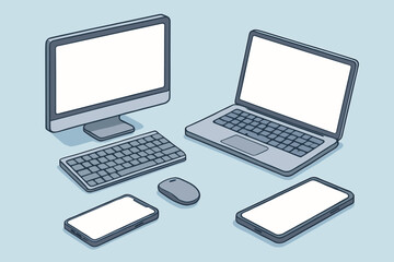 Isometric device mockup set. Vector computer, laptop, smartphone with blank screens. Responsive design template. UI, UX for website, app. Digital technology illustration concept.