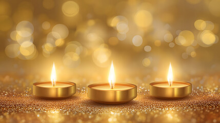 Golden Diwali diya lamps lit on golden lights bokeh festive background, Happy Deepvali concept