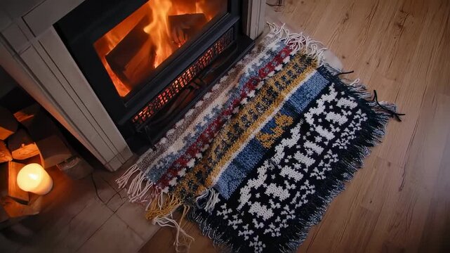 Fireplace Burning Warmly in Cozy Living Room with Colorful Rug and Wooden Floor