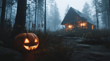 front view 3D rendering Glowing Jack-o'-Lantern in Foggy Forest with Cabin