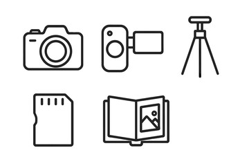 Minimalist outline photography and videography icon set featuring camera, video camera, tripod, photo album, and memory card, modern vector illustration on transparent background
