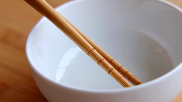 Closeup of Wooden Chopsticks Resting on White Ceramic Bowl in Warm Light