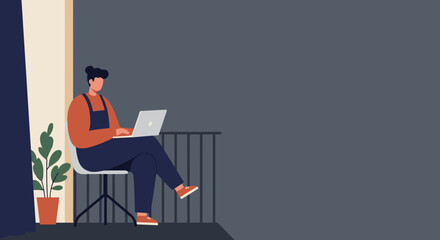 Person working on a laptop on a balcony. Concept of remote work, freelancing, home office, and flexible modern lifestyle.