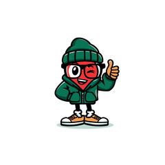 A cartoon heart character wearing a green beanie and jacket giving a thumbs up gesture with a wink and glasses