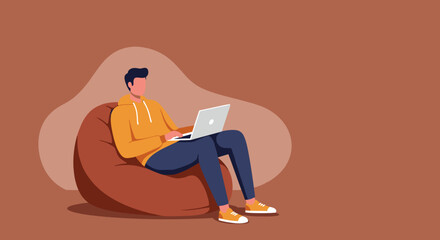 Young man comfortably working or studying on a laptop from a bean bag chair, illustrating remote work, online learning, or modern flexible lifestyle.