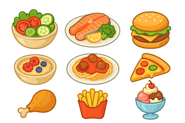 Set of food icons showing healthy meals vs fast food. Diet and nutrition concept. Vector cartoon illustration of salad, fish, burger, pizza, pasta, fries, dessert, breakfast.