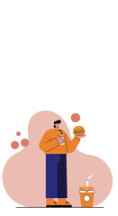 Stylized illustration of a man enjoying a fast-food meal with a burger, drink, and fries. Perfect for concepts of quick service, takeout, or casual dining.