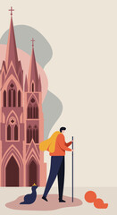 A lone traveler with a staff and loyal companion approaches a majestic Gothic cathedral, embodying pilgrimage, adventure, and spiritual exploration.