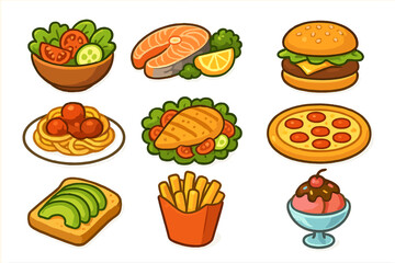 Set of food icons. Healthy and junk food meals. Vector cartoon illustrations. Salad, fish, burger, pasta, pizza, fries, ice cream, avocado toast. Diet and nutrition concept.