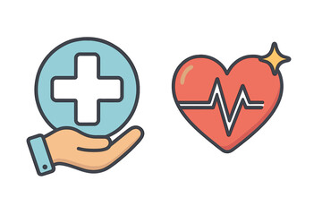 Obraz premium Hand holding medical cross symbol and heart with cardiogram line. Concept of healthcare, medical assistance, cardiology, health insurance, and life support. Vector icon set.