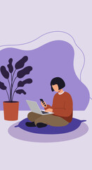 Person working or studying remotely from home with laptop and smartphone, embodying flexible work and online connectivity for modern lifestyle.