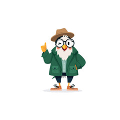 Cartoon bird character wearing a green jacket hat and glasses pointing a finger with a white background