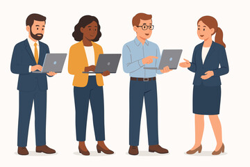 Business people with laptops collection. Set of diverse office workers standing, holding computers, talking and working. Professional team collaboration. Flat vector characters.