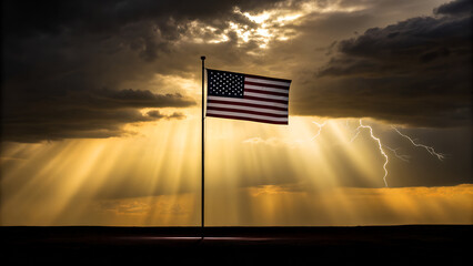 American flag waving against dramatic sky with sun rays and lightning strikes in the background