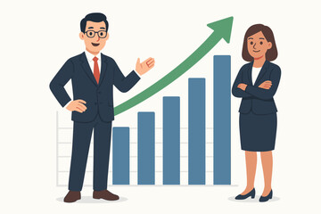 Business growth concept. Man and woman with rising chart. Financial success. Profit graph with arrow up. Data analysis presentation. Teamwork. Corporate achievement vector flat.