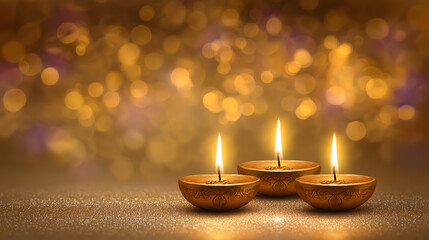 Golden Diwali diya lamps lit on golden lights bokeh festive background, Happy Deepvali concept