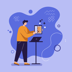 Man working with digital content on a tablet, with a laptop nearby, illustrating modern design, technology, and online collaboration.