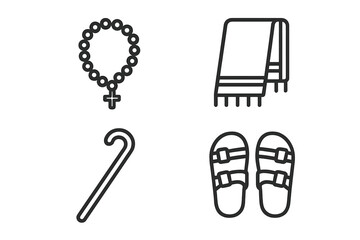 Pilgrim and devotee items outline icon set. Vector illustration of rosary beads, prayer shawl, staff, and sandals. Symbols of faith, religion, spiritual journey, and belief.